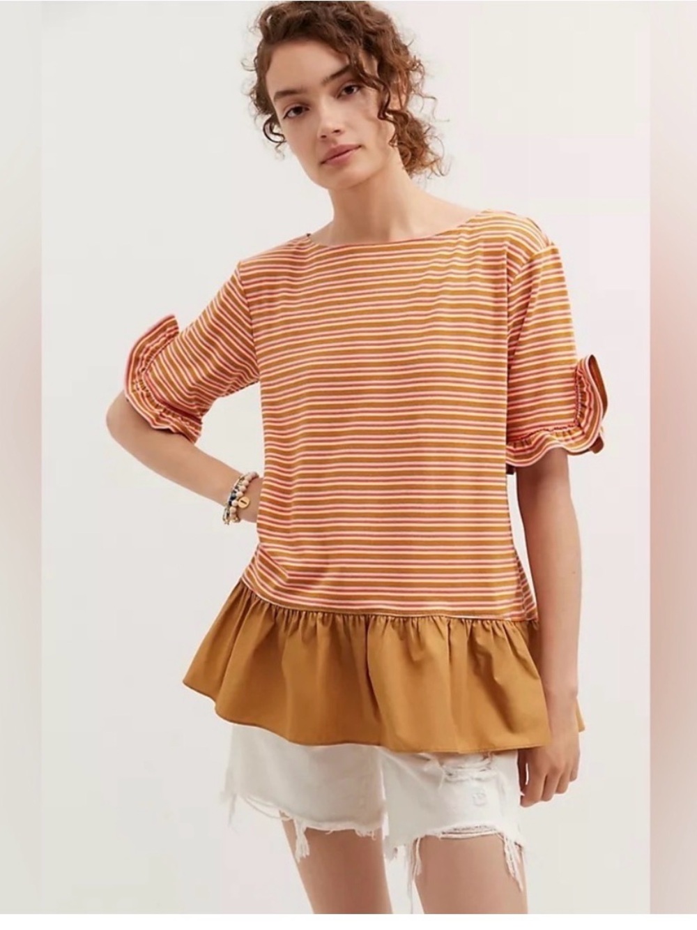 Anthropologie Maeve Ruffled Peplum Top in Neutral Motif Orange Brown Striped